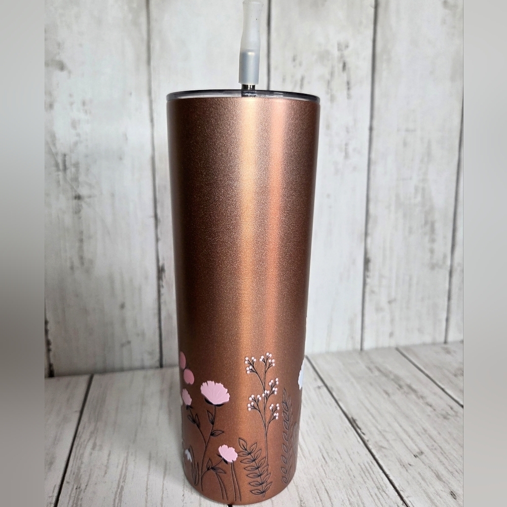 Insulated Rose Gold Floral Tumbler with Straw